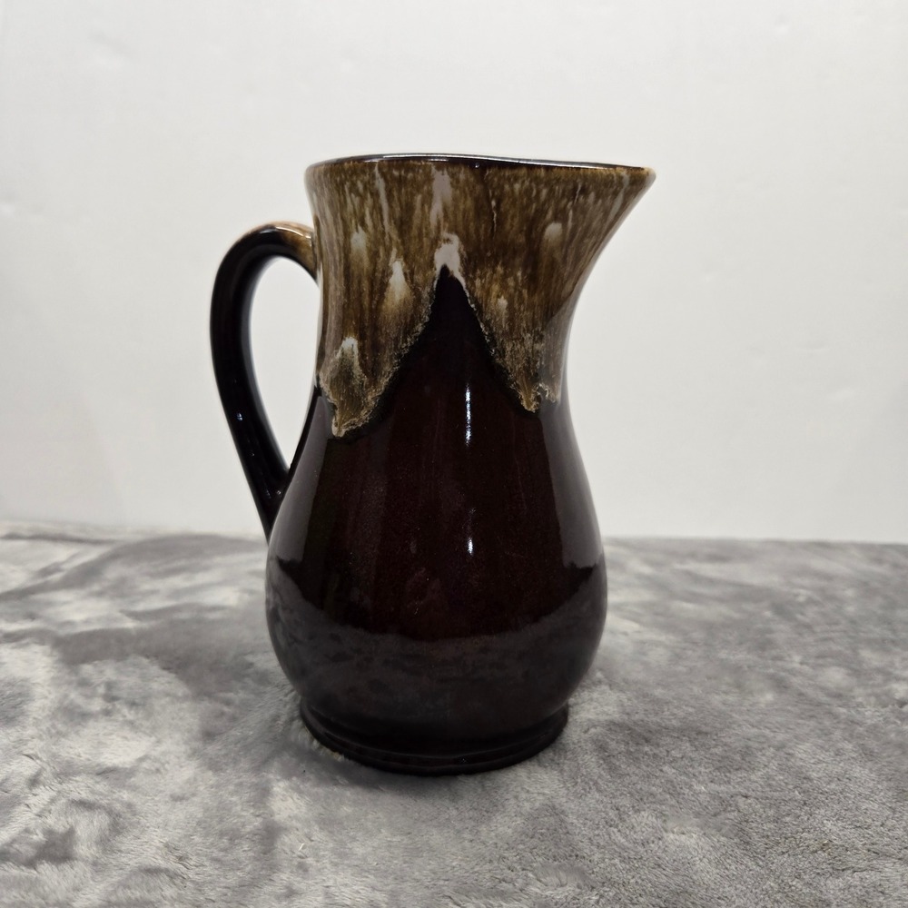 Vintage USA Pottery Drip Glaze Pitcher Brown and Tan Ceramic Jug